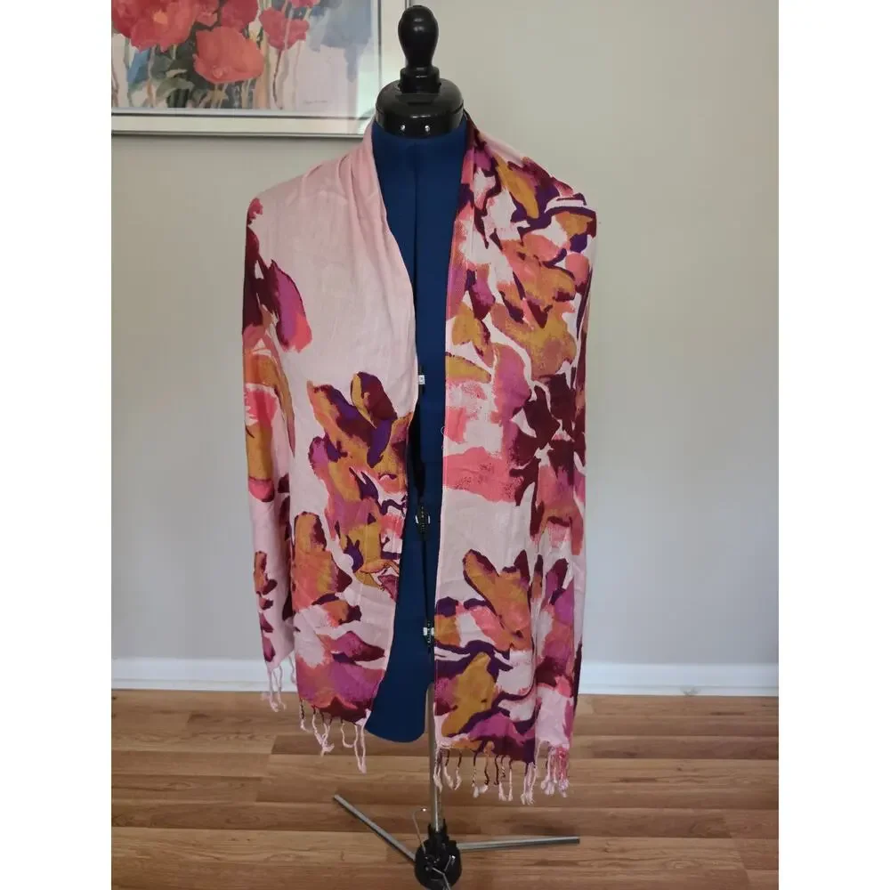Liz Claiborne Floral Fringe Scarf Shawl Wrap Pink Purple Rayon Lightweight 67x19